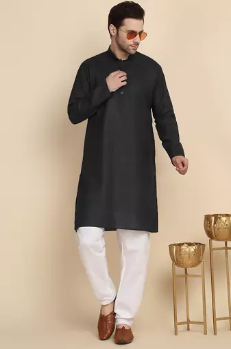 cotton blend solid knee length black kurta