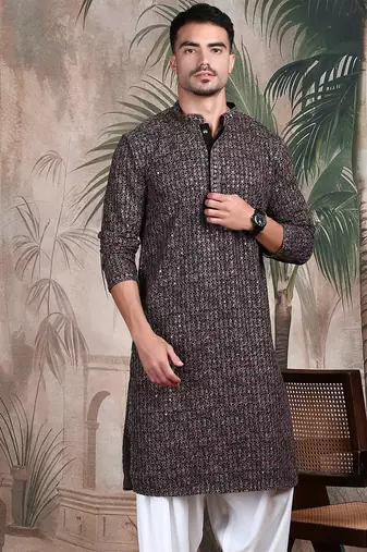 Grey cotton sequins kurta pajama for mens