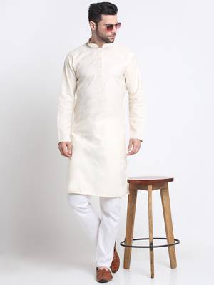cotton blend solid knee length cream kurta 1