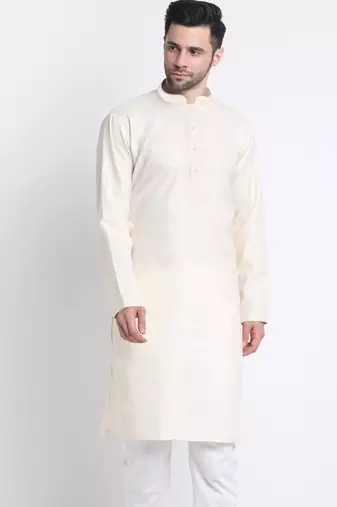 cotton blend solid knee length cream kurta