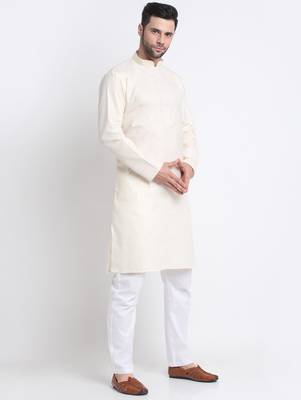 cotton blend solid knee length cream kurta 5