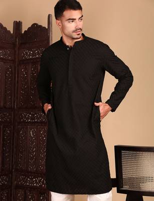 Black cotton chikankari kurta pajama for mens 1