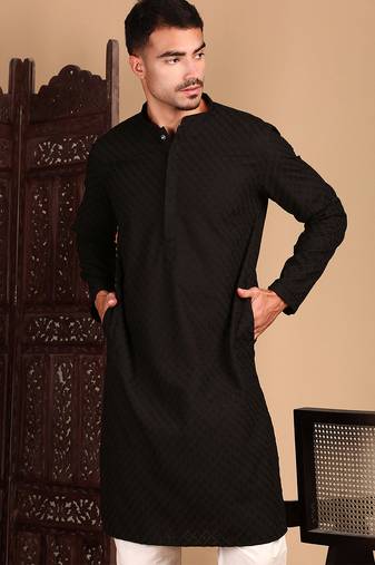 Black cotton chikankari kurta pajama for mens