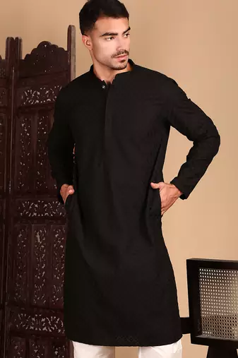 Black cotton chikankari kurta pajama for mens