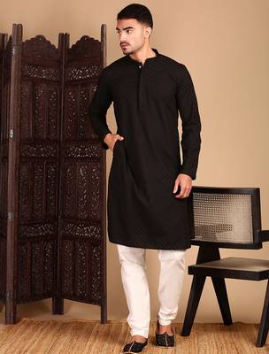Black cotton chikankari kurta pajama for mens 2