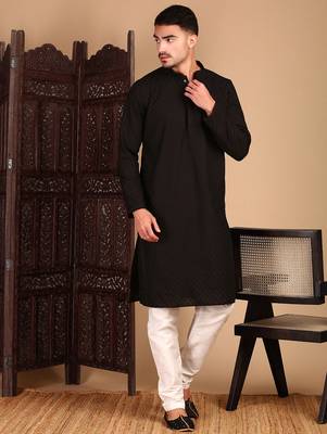 Black cotton chikankari kurta pajama for mens 3