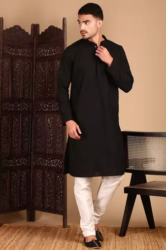 Black cotton chikankari kurta pajama for mens
