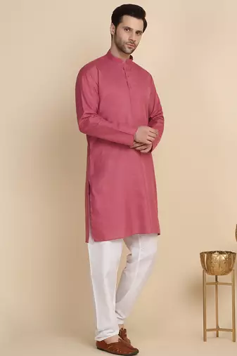 cotton blend solid knee length coral kurta