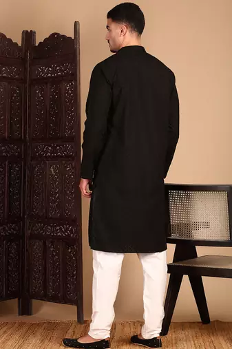 Black cotton chikankari kurta pajama for mens