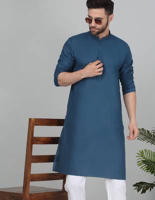cotton blend solid knee length denim blue kurta 1