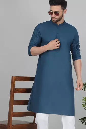 cotton blend solid knee length denim blue kurta