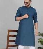 cotton blend solid knee length denim blue kurta