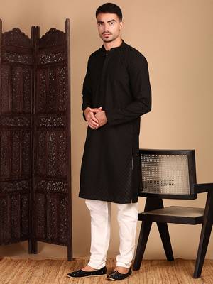 Black cotton chikankari kurta pajama for mens 5