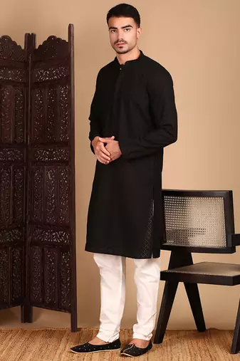 Black cotton chikankari kurta pajama for mens