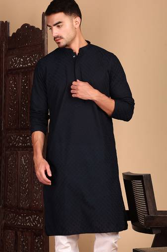 Deep blue cotton chikankari kurta pajama for mens