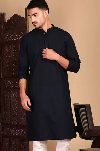 Deep blue cotton chikankari kurta pajama for mens