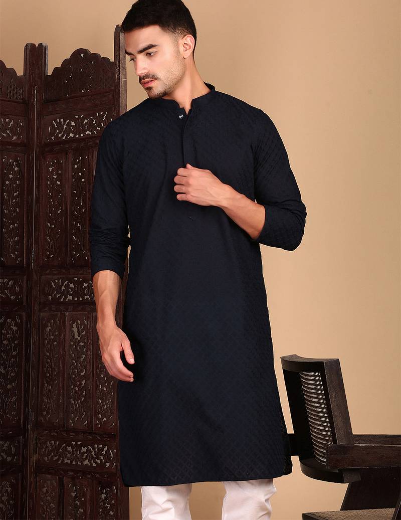 Deep blue cotton chikankari kurta pajama for mens