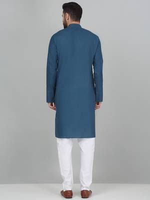 cotton blend solid knee length denim blue kurta 3