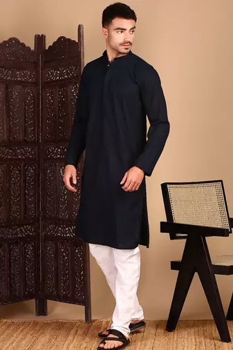 Deep blue cotton chikankari kurta pajama for mens
