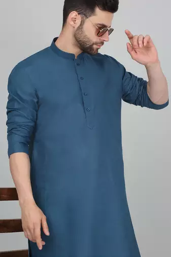 cotton blend solid knee length denim blue kurta