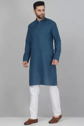 cotton blend solid knee length denim blue kurta