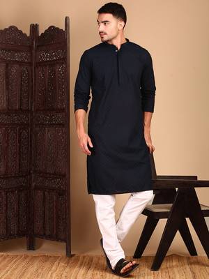 Deep blue cotton chikankari kurta pajama for mens 3