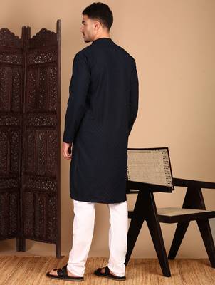 Deep blue cotton chikankari kurta pajama for mens 4