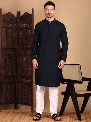 Deep blue cotton chikankari kurta pajama for mens 5