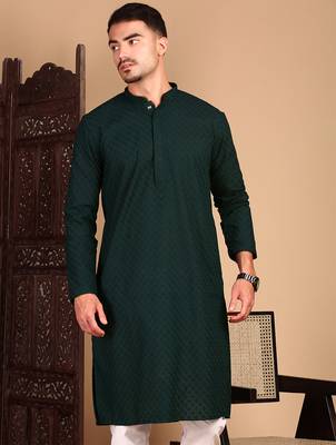 Deep green cotton chikankari kurta pajama for mens 1
