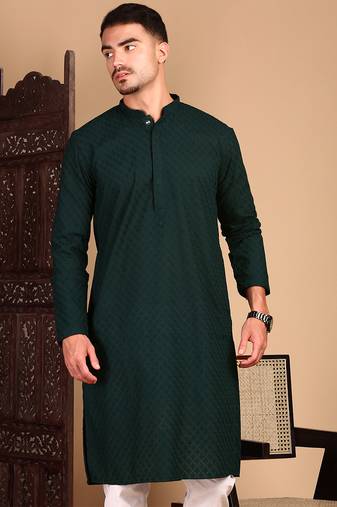Deep green cotton chikankari kurta pajama for mens