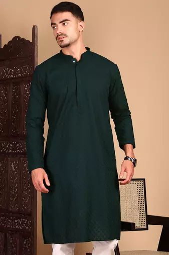 Deep green cotton chikankari kurta pajama for mens
