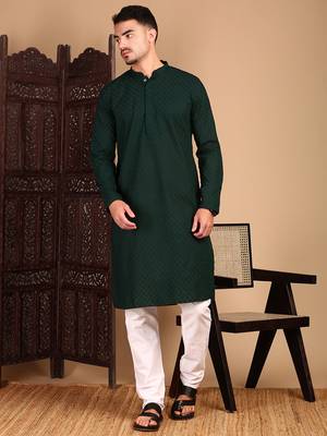 Deep green cotton chikankari kurta pajama for mens 2