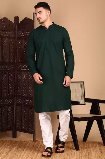 Deep green cotton chikankari kurta pajama for mens