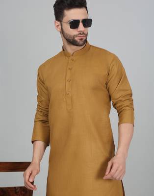 cotton blend solid knee length gold kurta 4