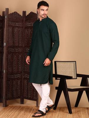 Deep green cotton chikankari kurta pajama for mens 3