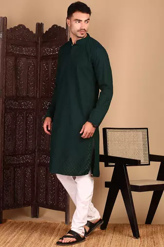 Deep green cotton chikankari kurta pajama for mens