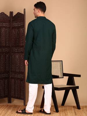 Deep green cotton chikankari kurta pajama for mens 4