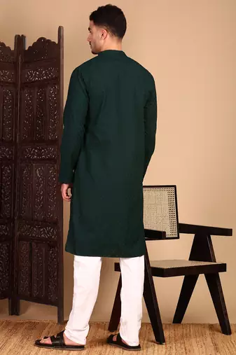 Deep green cotton chikankari kurta pajama for mens