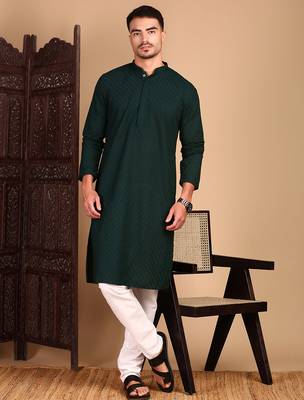 Deep green cotton chikankari kurta pajama for mens 5
