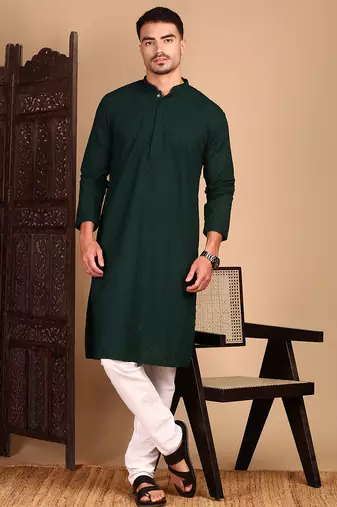 Deep green cotton chikankari kurta pajama for mens