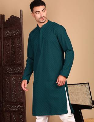Firozi cotton chikankari kurta pajama for mens 1
