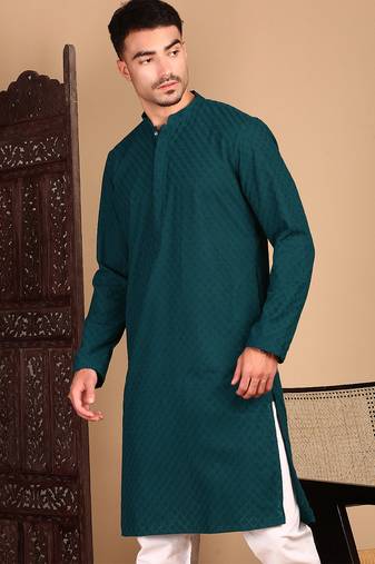 Firozi cotton chikankari kurta pajama for mens