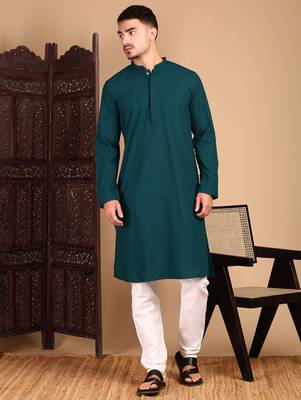 Firozi cotton chikankari kurta pajama for mens 2