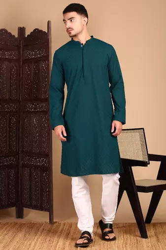 Firozi cotton chikankari kurta pajama for mens
