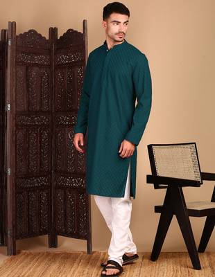 Firozi cotton chikankari kurta pajama for mens 3