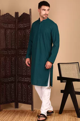 Firozi cotton chikankari kurta pajama for mens
