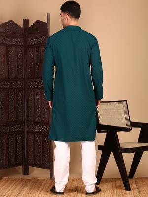 Firozi cotton chikankari kurta pajama for mens 4