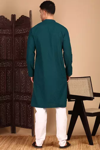 Firozi cotton chikankari kurta pajama for mens