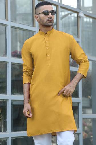 cotton blend solid knee length mustard kurta