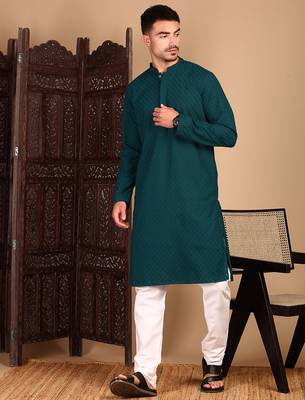 Firozi cotton chikankari kurta pajama for mens 5